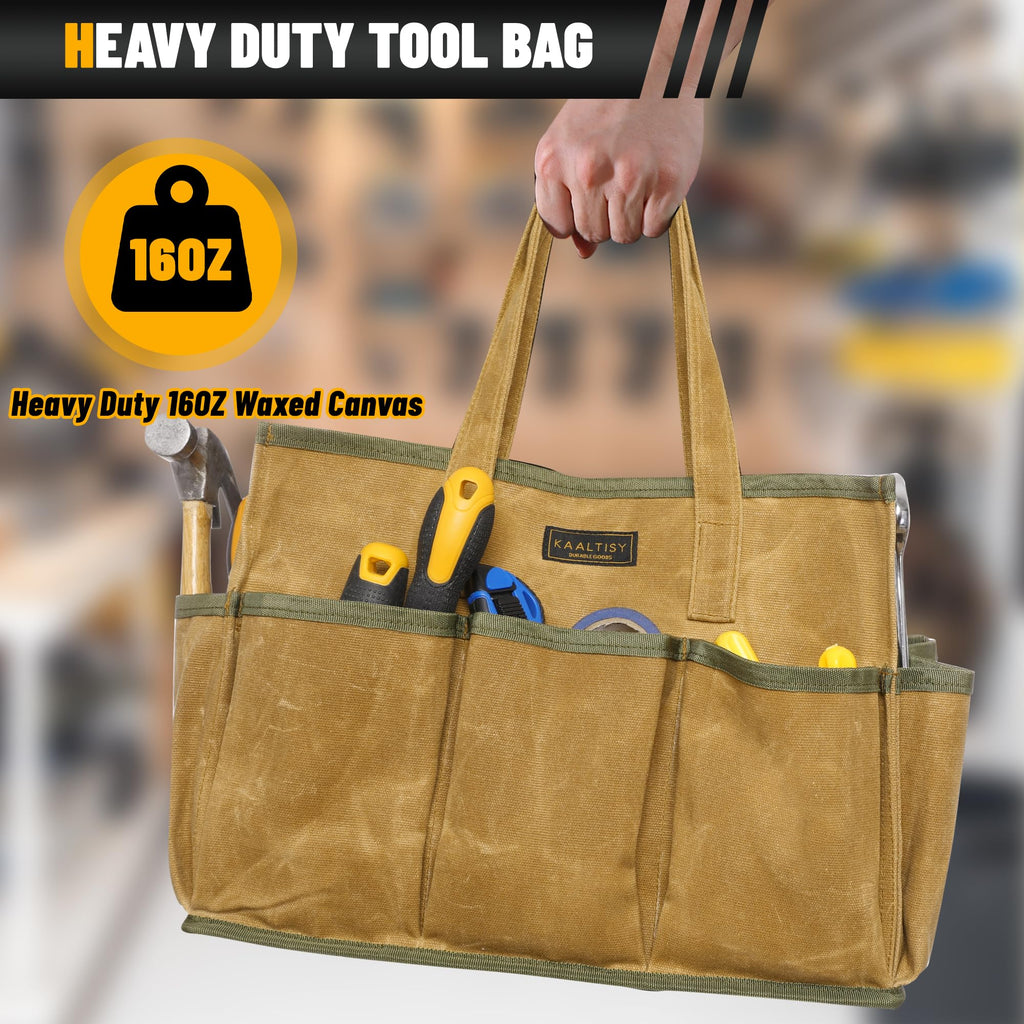 16OZ Waxed Canvas Tool Tote Bag | Large-Capacity Tool Storage Tote with 10 External Pockets | Multi-Purpose Garden Tool Carrier for Gardening, Wrench, and Carpentry Tools – Khaki