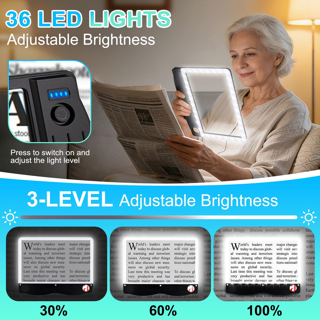 6X 30X Rechargeable Magnifying Glass with Light, Handheld Magnifying Glass for Reading, Large Full Page Magnifier with Light, Lightweight Book Magnifier for Reading Small Prints Seniors Low Vision