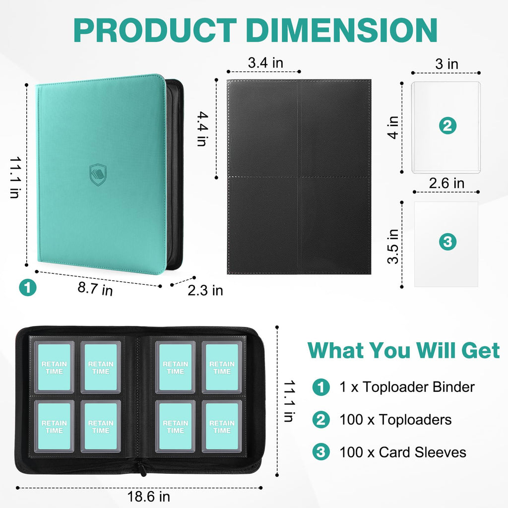 Toploader Binder, Holds 160 Toploaders, 100 Toploaders Included, 4-Pocket PU Cover Top Loader Binder for 3" x 4" Rigid Toploaders, Ringless Double-Sided Toploader Card Binder for TCG, Sport Cards