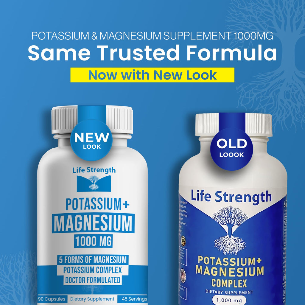 Life Strength, Potassium Magnesium Supplement 1000mg - 90 Capsules – Potassium & Magnesium Complex with Aspartate, Glycinate, Oxide, Gluconate & Citrate – Muscle, Leg & Electrolyte Support