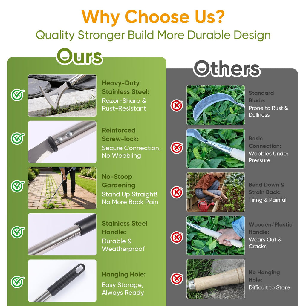 EOMEOH Crack Weeder, 3-in-1 Stainless Steel Weeding Tool with 60" Long Handle - Stand Up Weeder for Driveway, Sidewalk & Deck Crevices - No Bending, Tool-Free Assembly