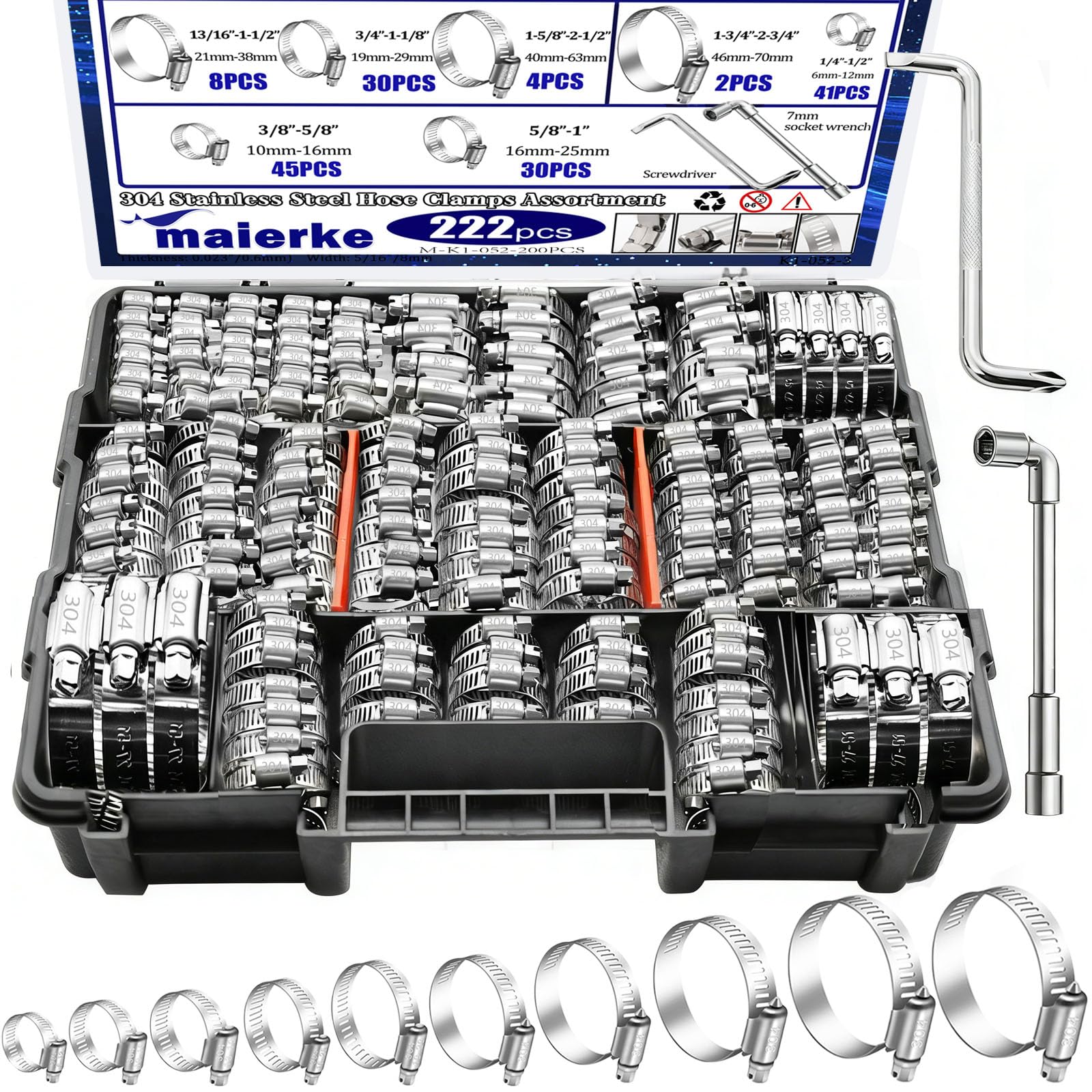 maierke 222PCS 304 Stainless Steel Hose Clamps Assortment Kit,Metal Adjustable 1/4"-2-3/4"(6-70mm) Worm Gear Hose Clamp Small Hose Clamps for Automotive,Radiator Pipe,Plumbing,Fuel Line