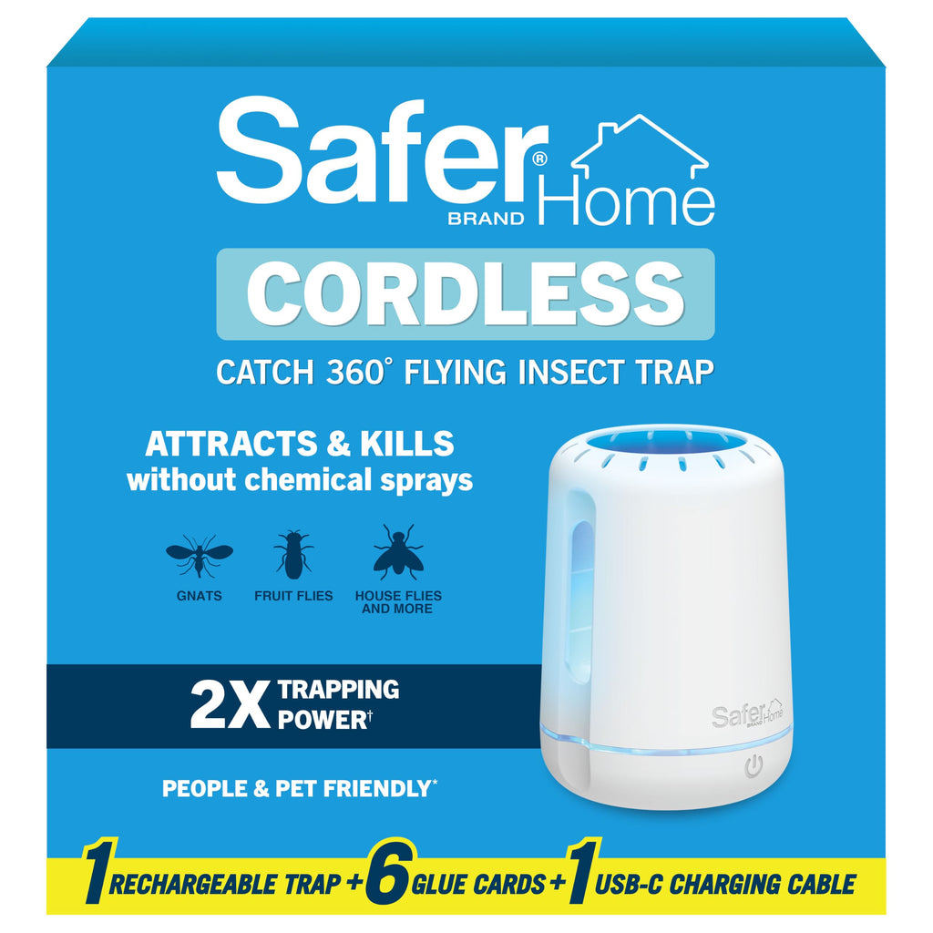 Safer Home Catch 360° Cordless Flying Insect Trap, UV LED Light, Chemical-Free, 10 Day Rechargeable Battery, Effective Fruit Fly Traps for Indoors, Gnat Traps for House Indoor, 1 Device + 6 Glue Cards