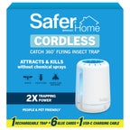 Safer Home Catch 360° Cordless Flying Insect Trap, UV LED Light, Chemical-Free, 10 Day Rechargeable Battery, Effective Fruit Fly Traps for Indoors, Gnat Traps for House Indoor, 1 Device + 6 Glue Cards