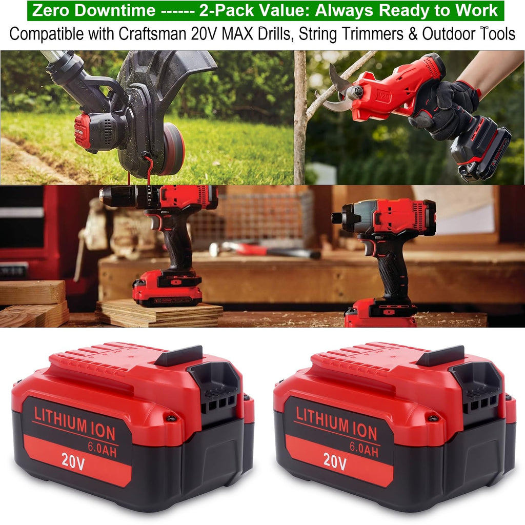 Upgraded 6.0Ah 20V Lithium Replacement Battery Compatible with Craftsman V20 Series Cordless Outdoor Tools, Compatible with Craftsman CMCB206, CMCB204, CMCB202 20 Volt MAX V20 Batteries, 2-Pack