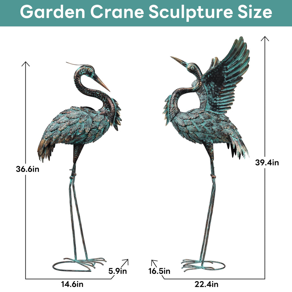 Large Garden Statues Set of 2, Metal Crane Sculptures, Bronze Heron Outdoor