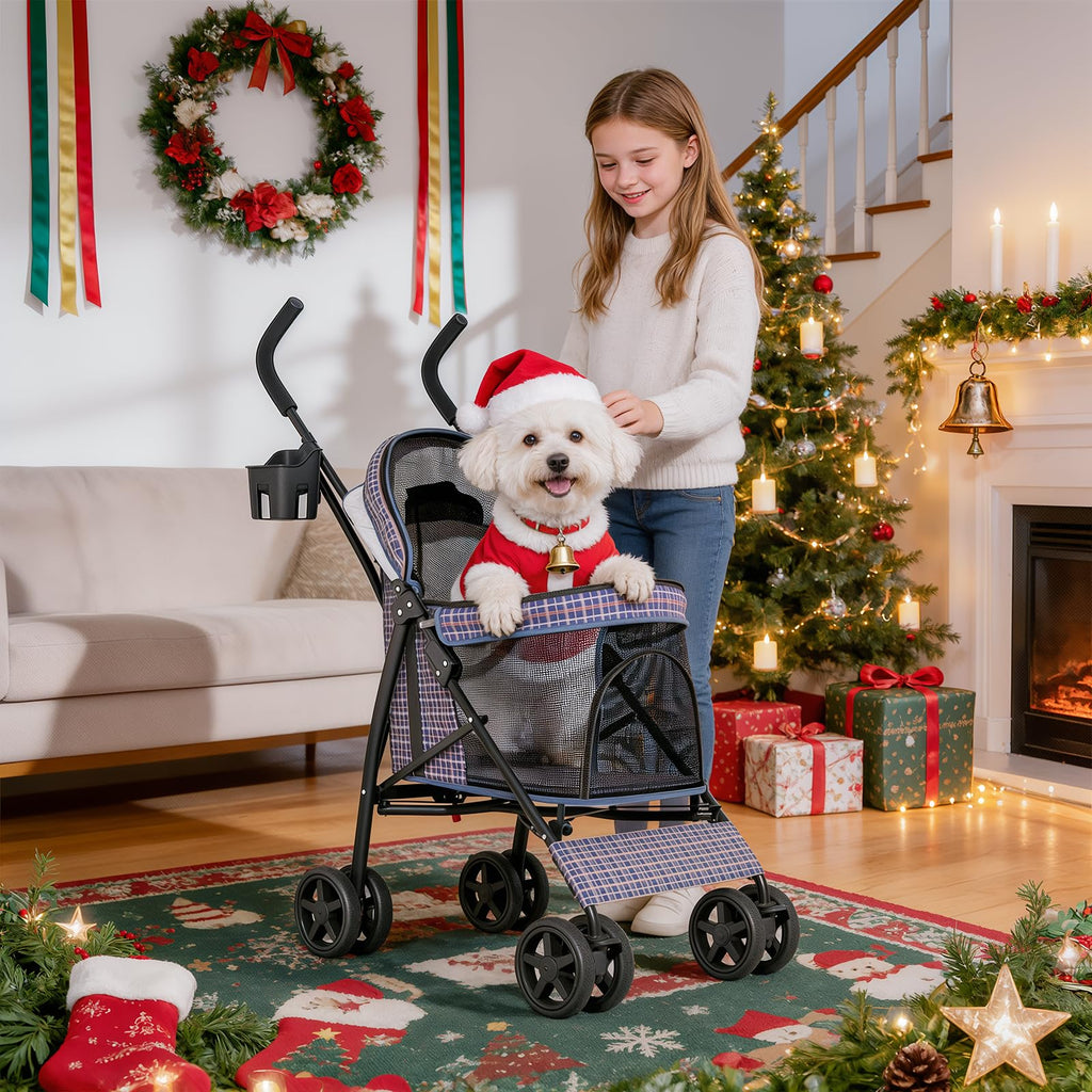 MoNiBloom 4 Wheels Pet Stroller, Easy-Fold Umbrella Shaped Dog Cat Jogger Stroller w/Storage Bag & Visible Mesh for Small/Medium Dogs Cats Plaid