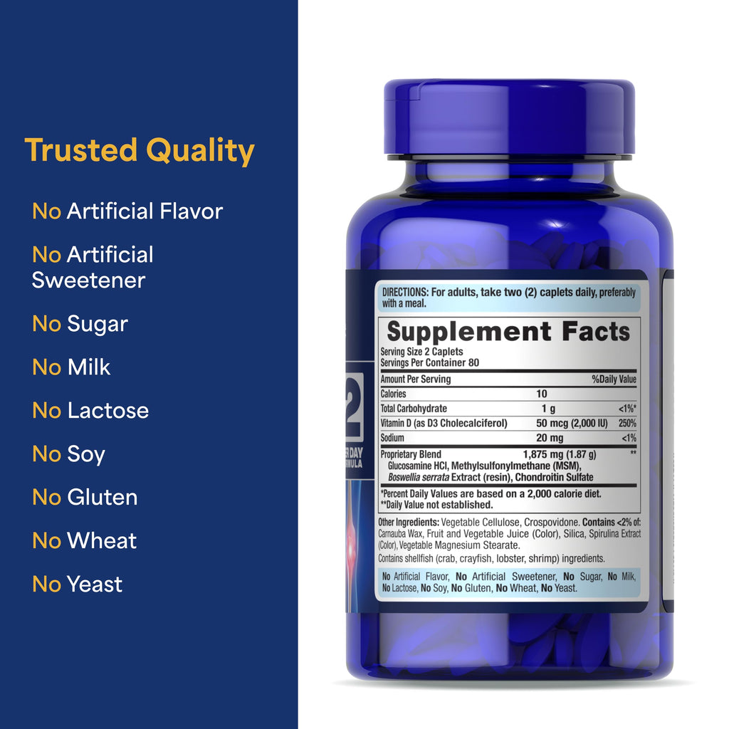 Puritan's Pride Advanced Glucosamine Chondroitin MSM with Vitamin D3 50mcg (2000 IU), Dietary Supplement for Joint Health, 80 Servings, 160 Coated Tablets