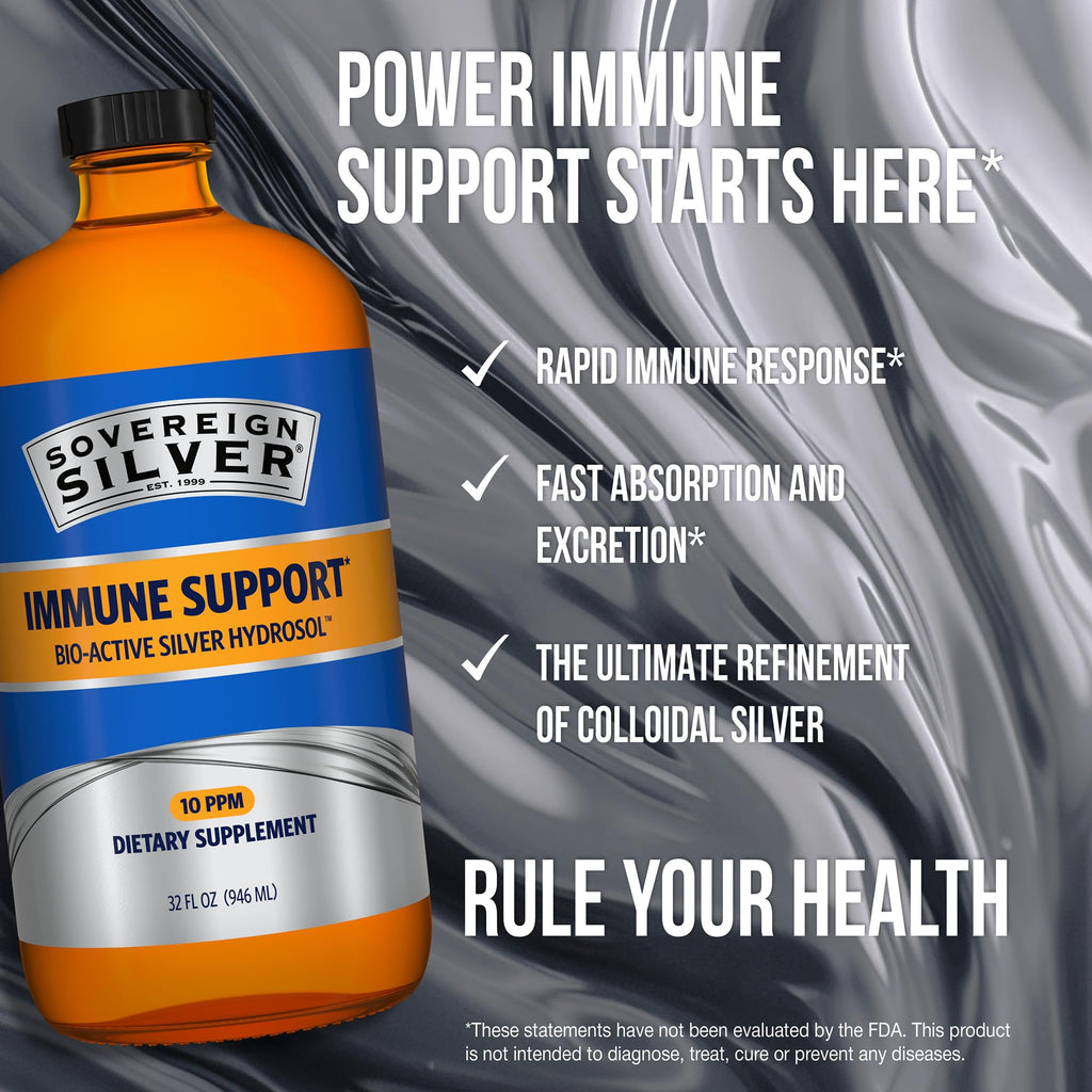 Sovereign Silver Immune Support - Colloidal Silver, Bio-Active Silver Hydrosol, 10 ppm, Liquid Twist Top, 32 Fl Oz, (946 mL)