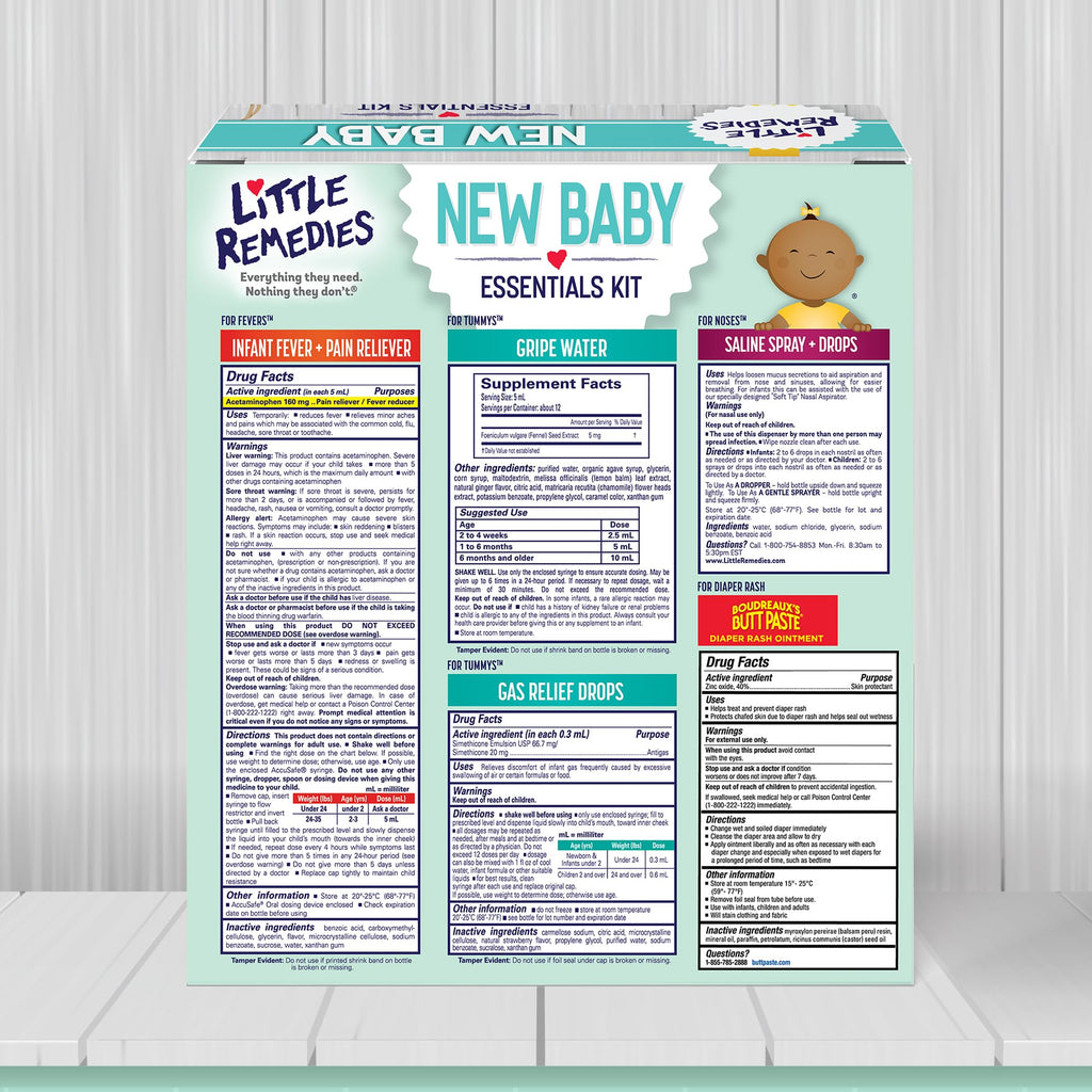 Little Remedies New Baby Essentials Kit with Saline Nasal Spray, Diaper Rash Cream, Gas Relief Drops, Gripe Water & More, Safe for Newborns, Multi-Color