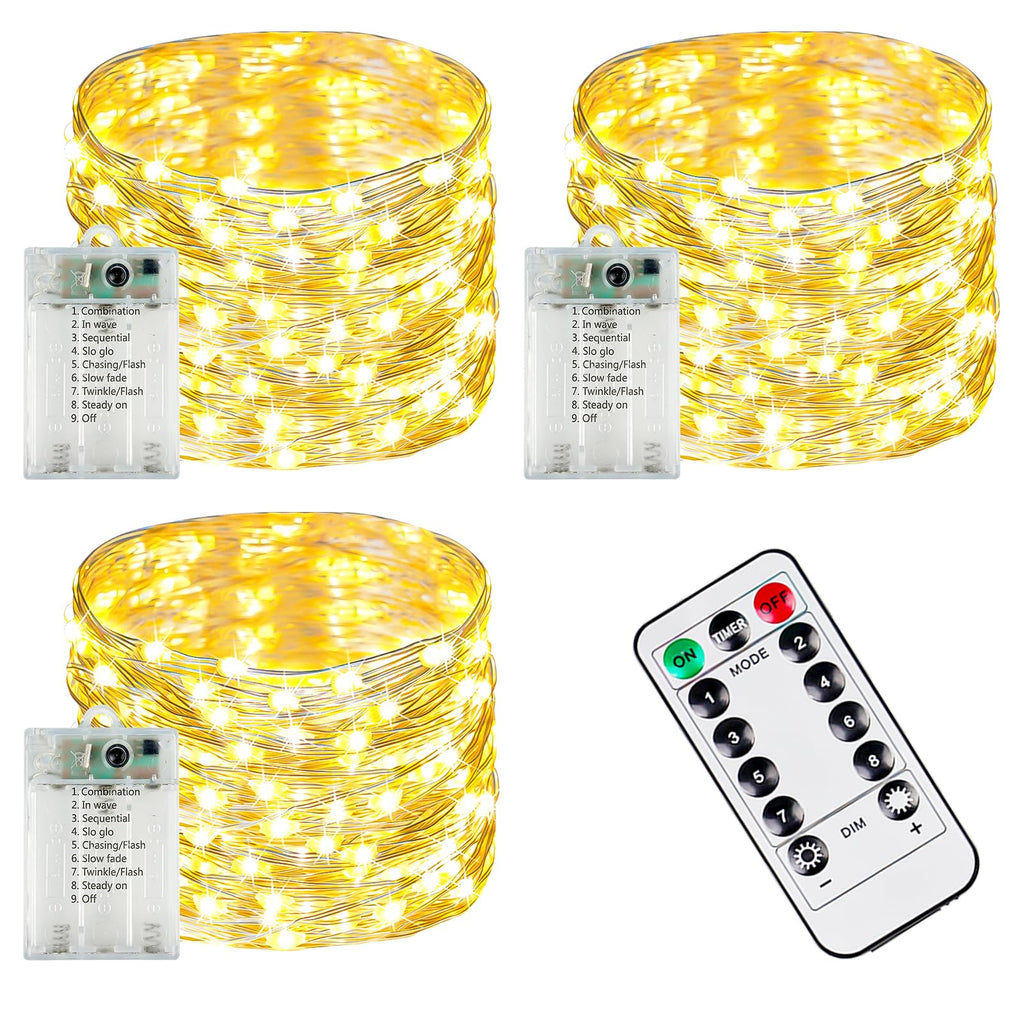 3 PK 78FT 240LED Fairy Lights Battery Operated with Timer Remote Warm White