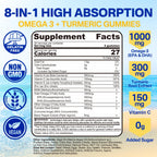Vegan Omega-3 Gummies 1000mg + Turmeric - Omega 3 Fish Oil Alternative for Adults - Algae DHA 600mg & EPA 300mg, Vitamins A, C, E, Zinc & MSM, Sugar Free, 120 Cts