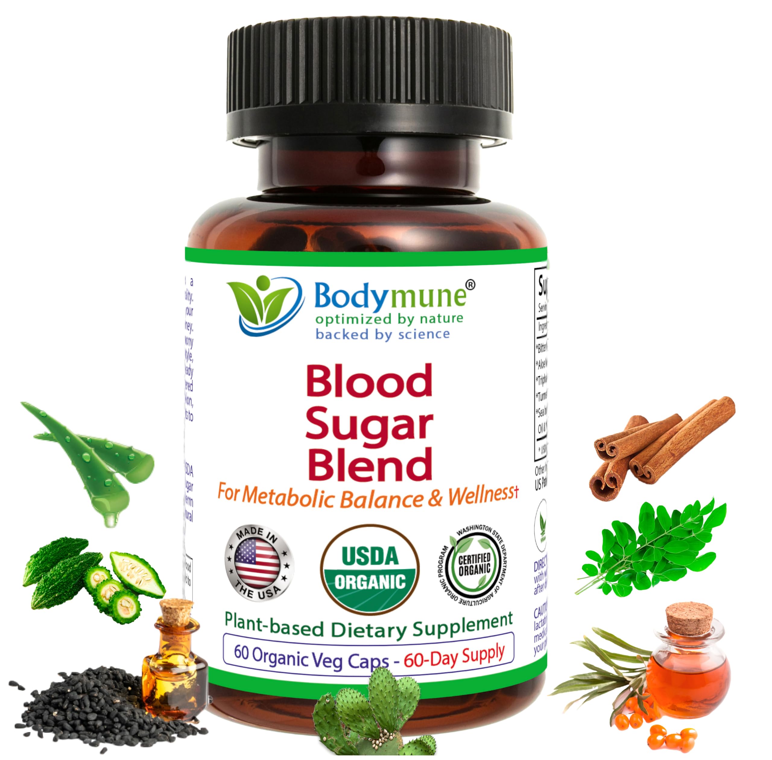 Bodymune Blood Sugar Blend – Organic Blood Sugar Support Supplement – with Bitter Melon Capsules, Moringa, & Black Seed Oil – 66 Capsules – USDA Organic, Vegan, Non-GMO