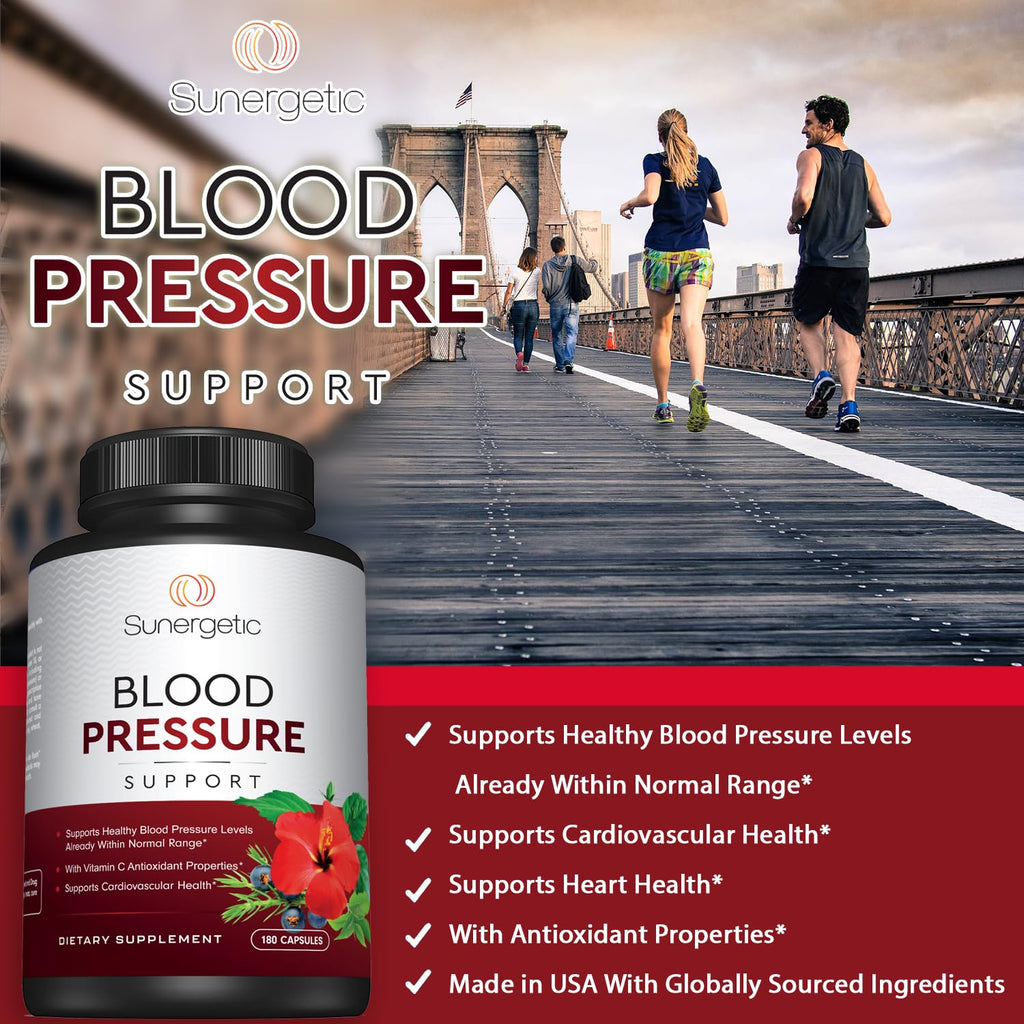Sunergetic Premium Blood Pressure Support Supplement for Cardiovascular & Heart Health with Garlic, Hawthorn & Hibiscus (180 Capsules)