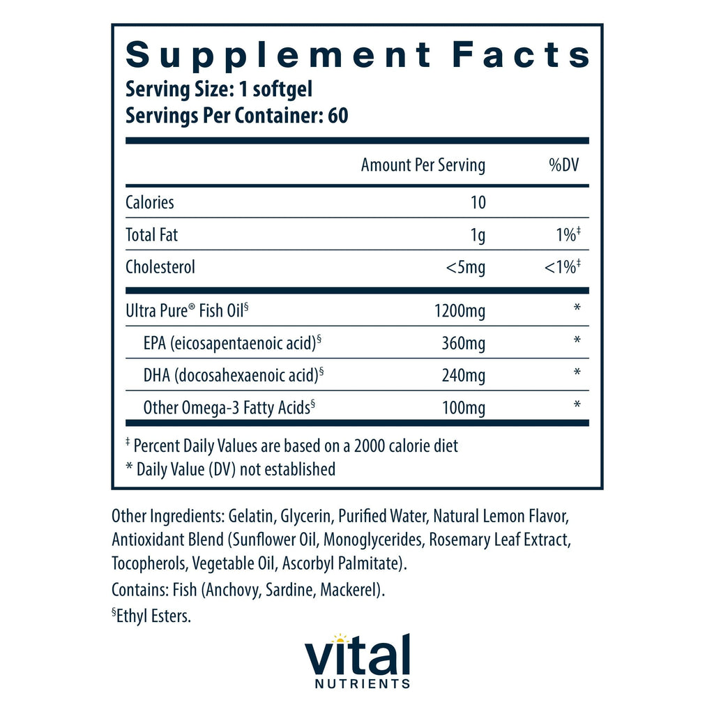 Vital Nutrients Ultra Pure Fish Oil 700 - Supports Heart, Brain, and Joint Health* - Sustainably Sourced High EPA & DHA Omega-3 Fatty Acid - Lemon Flavor - Gluten, Dairy & Soy Free - 60 Softgels