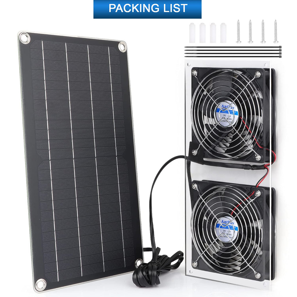 AntPay Solar Powered Fan Kit, IPX7 Weatherproof Dual Fan, Solar Exhaust Intake Cooling Ventilation for Chicken Coop,Greenhouse,Shed,Pet House,Outside with 11Ft/3.5m