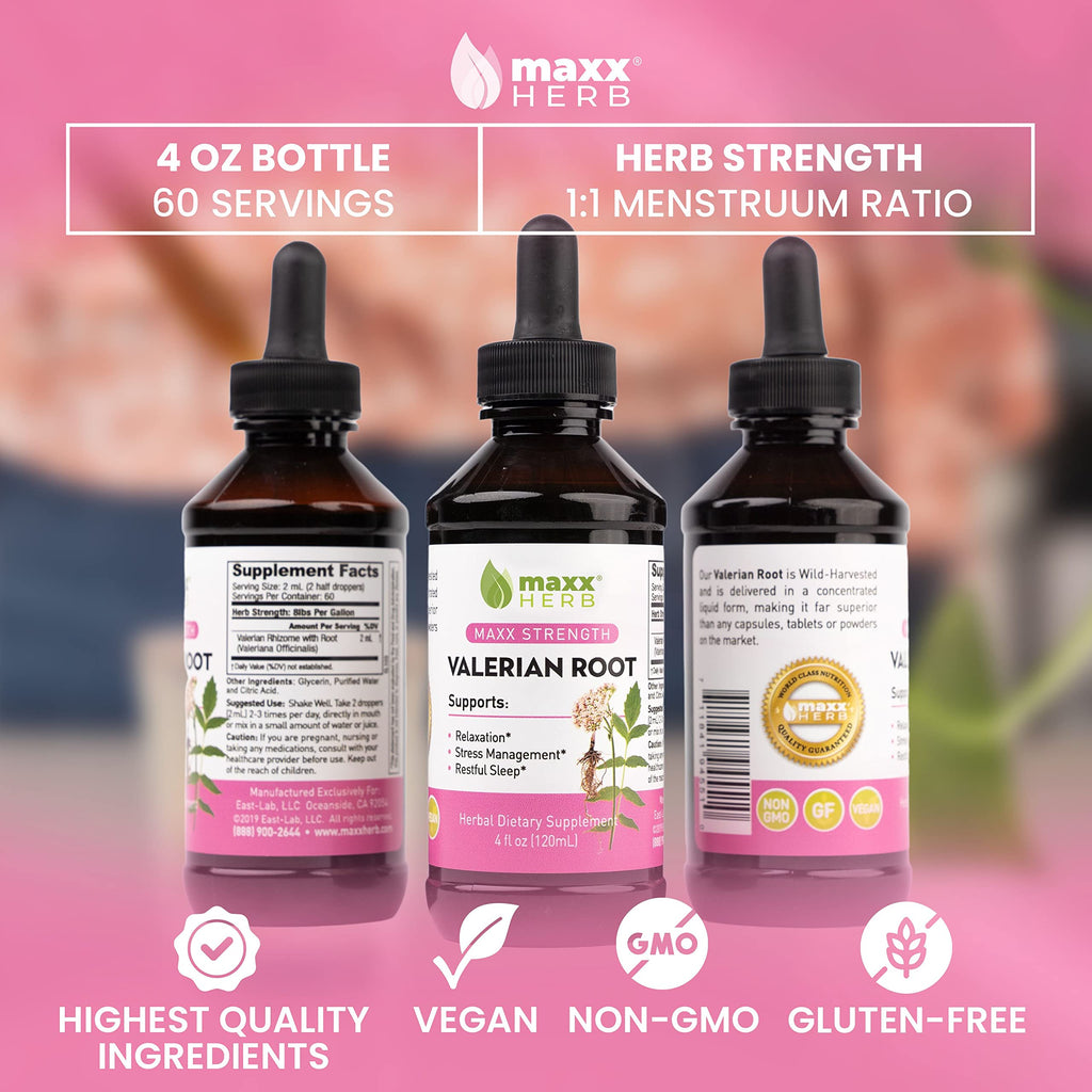 Maxx Herb Valerian Root Extract - Max Strength, Liquid Valerian Root Absorbs Better Than Capsules, for Relaxation and Restful Sleep, Alcohol-Free - 4 Bottles, 4 Oz Each (240 Servings)
