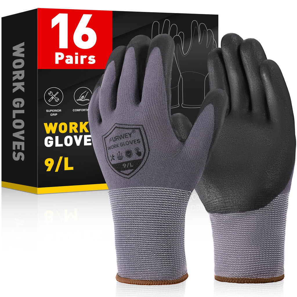 FURWEY Safety Work Gloves,16 Pairs Nitrile Micro Foam Coated,Seamless Knit,Size L
