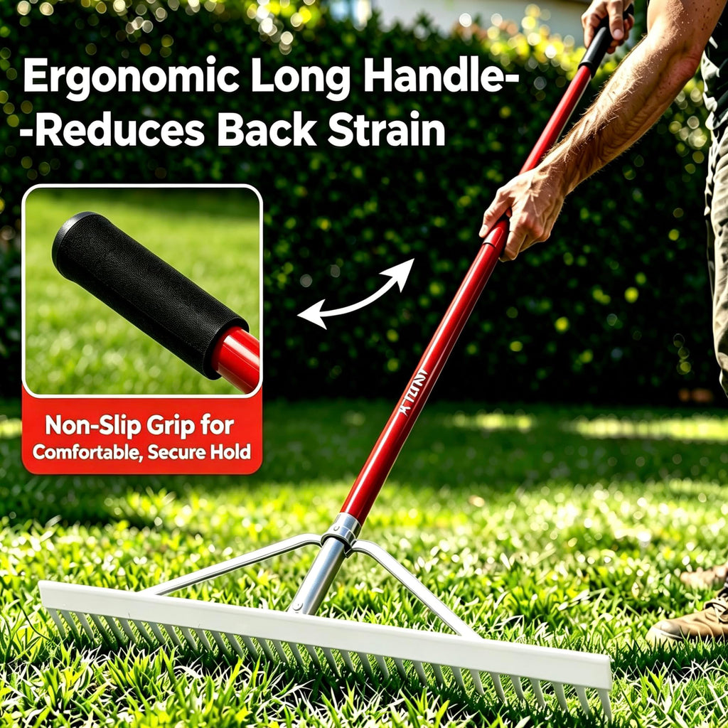 KYLIN 36 Inch / 36 Tines Aluminum Landscape Rake with 66 Inch Extra-Long Handle, Versatile Rake for Lawn Care,Loosening Soil, Weeding, Leveling Gravel, Beach Sand - Lighweight & Rust Proof
