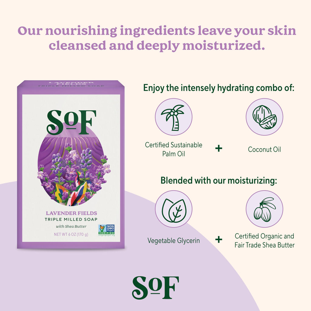 South Of France SoF Triple Milled Bar Soap - With Coconut Oil & Organic Shea Butter- Vegan & Non GMO- Free From Phthalates, Sulfates & Parabens- Lavender Fields - 6 oz Bar 4 Bars