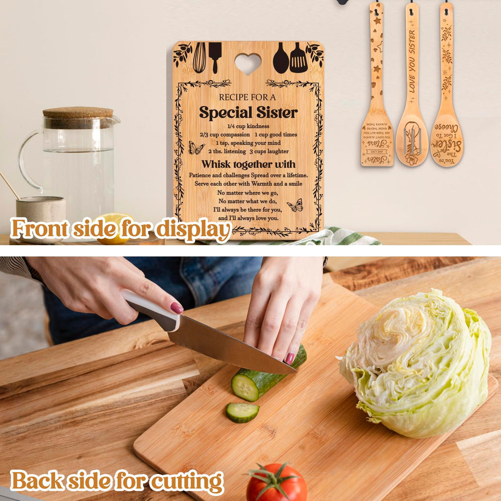 Sister Birthday Gifts from Sister - "Recipe for a Special Sister" Sister Birthday Gifts Cutting Board Set, Bamboo-Made Engraved Utensil Set Christmas/Birthday Day Gifts for Sister Adult
