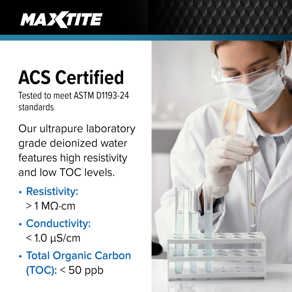 MAXTITE Type II Deionized Water - ASTM/ACS Certified Laboratory Grade (1 Gallon)