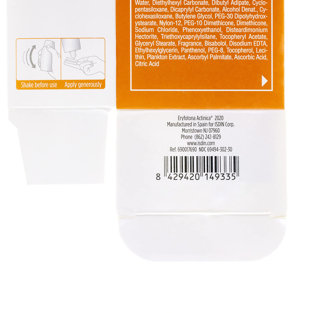 ISDIN Eryfotona Actinica Zinc Oxide sunscreen with 100% mineral UV filter Broad Spectrum SPF 50+, No White Cast, Suitable for Sensitive Skin, 3.4 Fl Oz