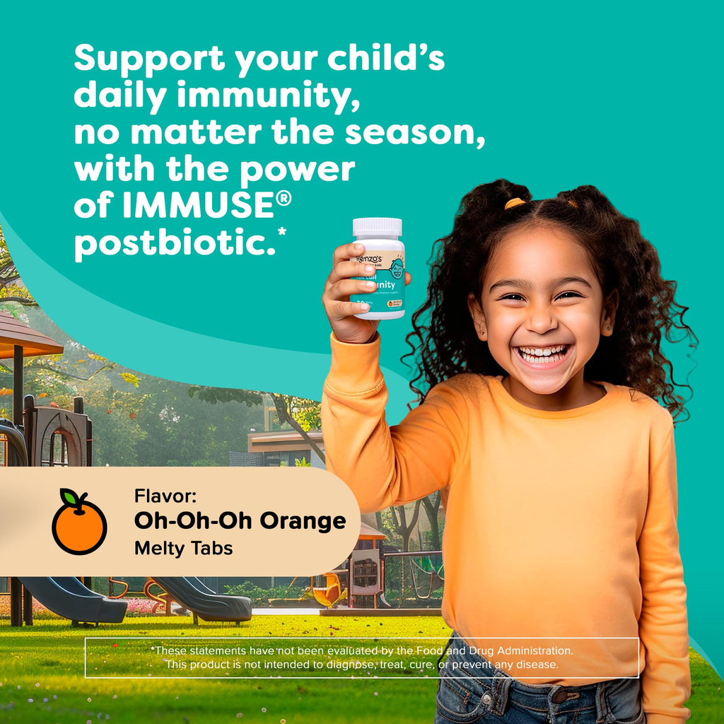 Renzo's Roll Call Immunity - Dissolvable Kids Immune Support Supplement with IMMUSE Postbiotic, Sugar-Free Kids Vitamins, 30 Orange-Flavored Melty Tabs