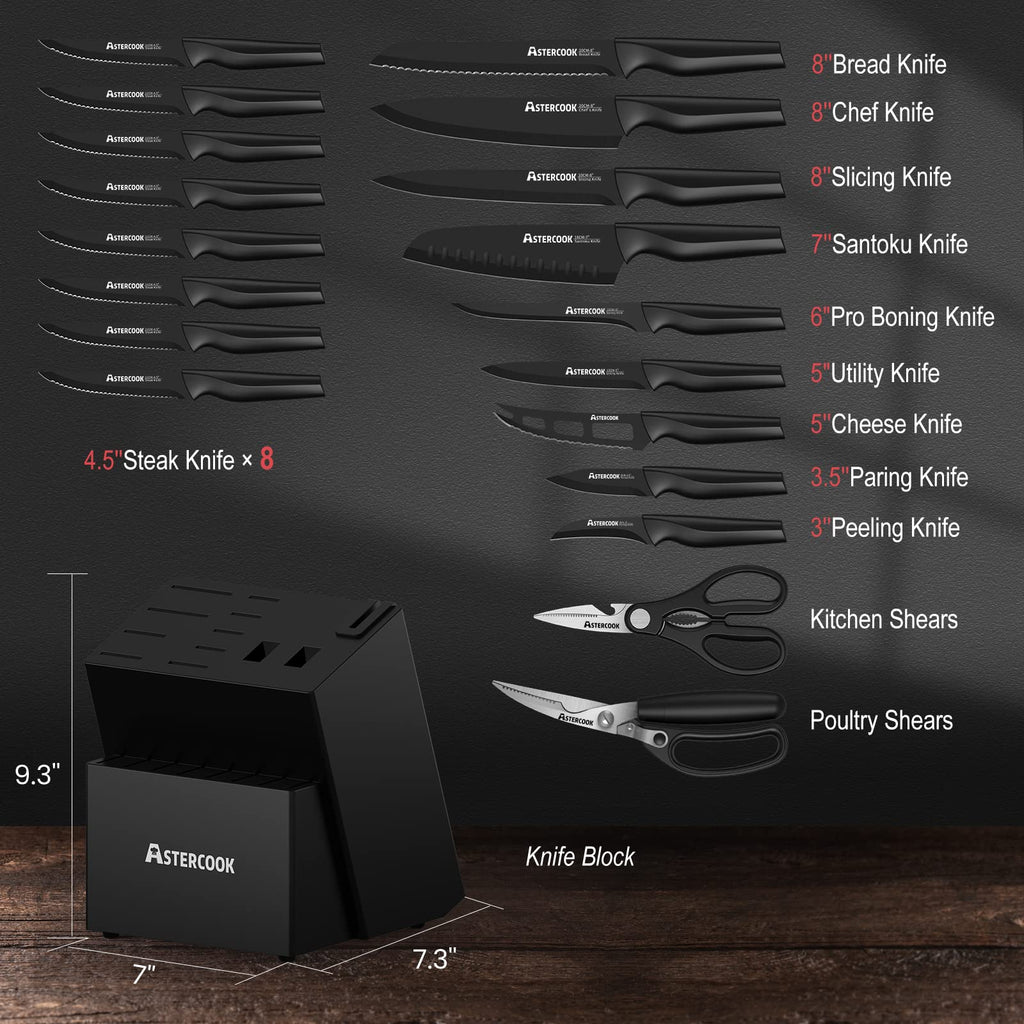 Knife Set, Astercook 21 Pieces Knife Sets for Kitchen with Block, Dishwasher Safe Kitchen Knife Set with Built-in Sharpener, German Stainless Steel Black Knife Block Set, Fathers Day Gift for Men