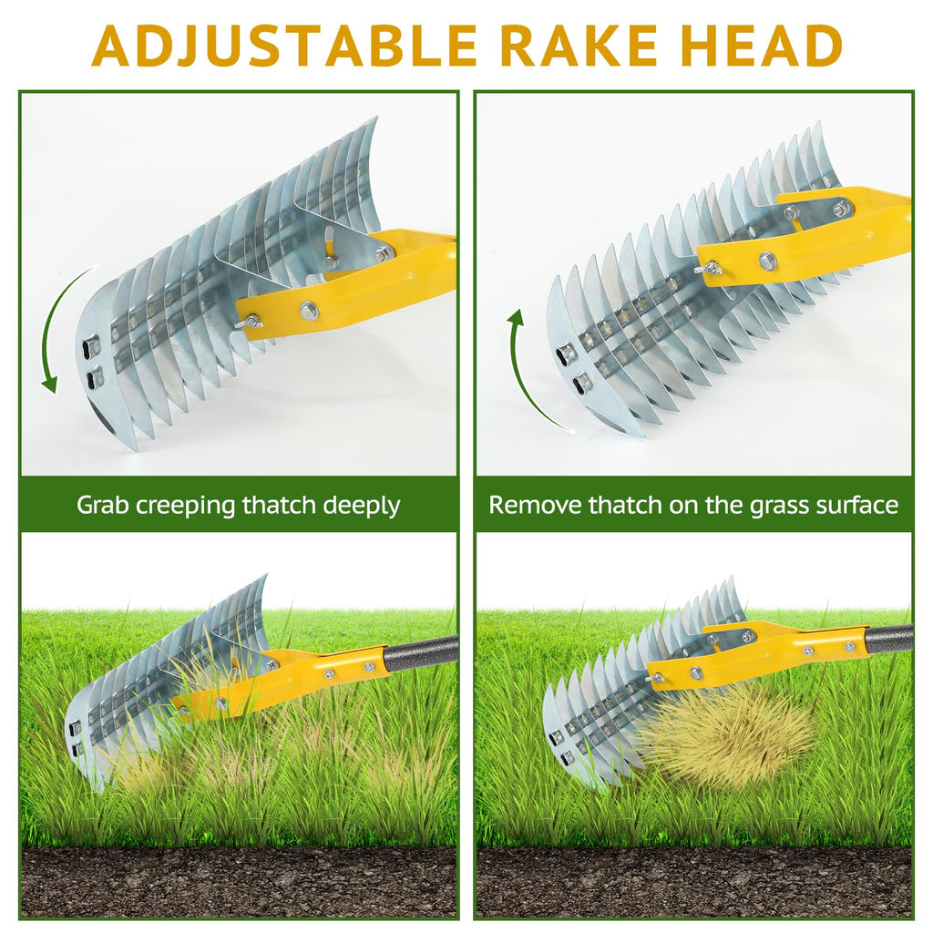 Thatch Rake, 15-Inch Steel Lawn Dethatcher with Handle, Heavy Duty Grass Cleaning Tool for Dead Grass and Soil Loosening, Versatile Yard and Garden Grooming (Black+Metallic Silver)