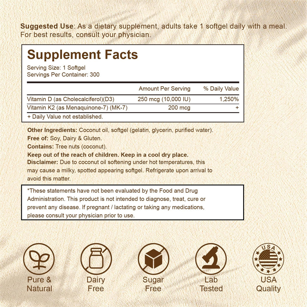 LETSCOL 2-in-1 Vitamin D3 K2 Supplement Softgel, Vitamin D3 10000 IU and Vitamin K2 200 mcg, K2 MK7 with D3 Vitamin Supplement Support Immune, Heart, Joint, Teeth & Bone Health