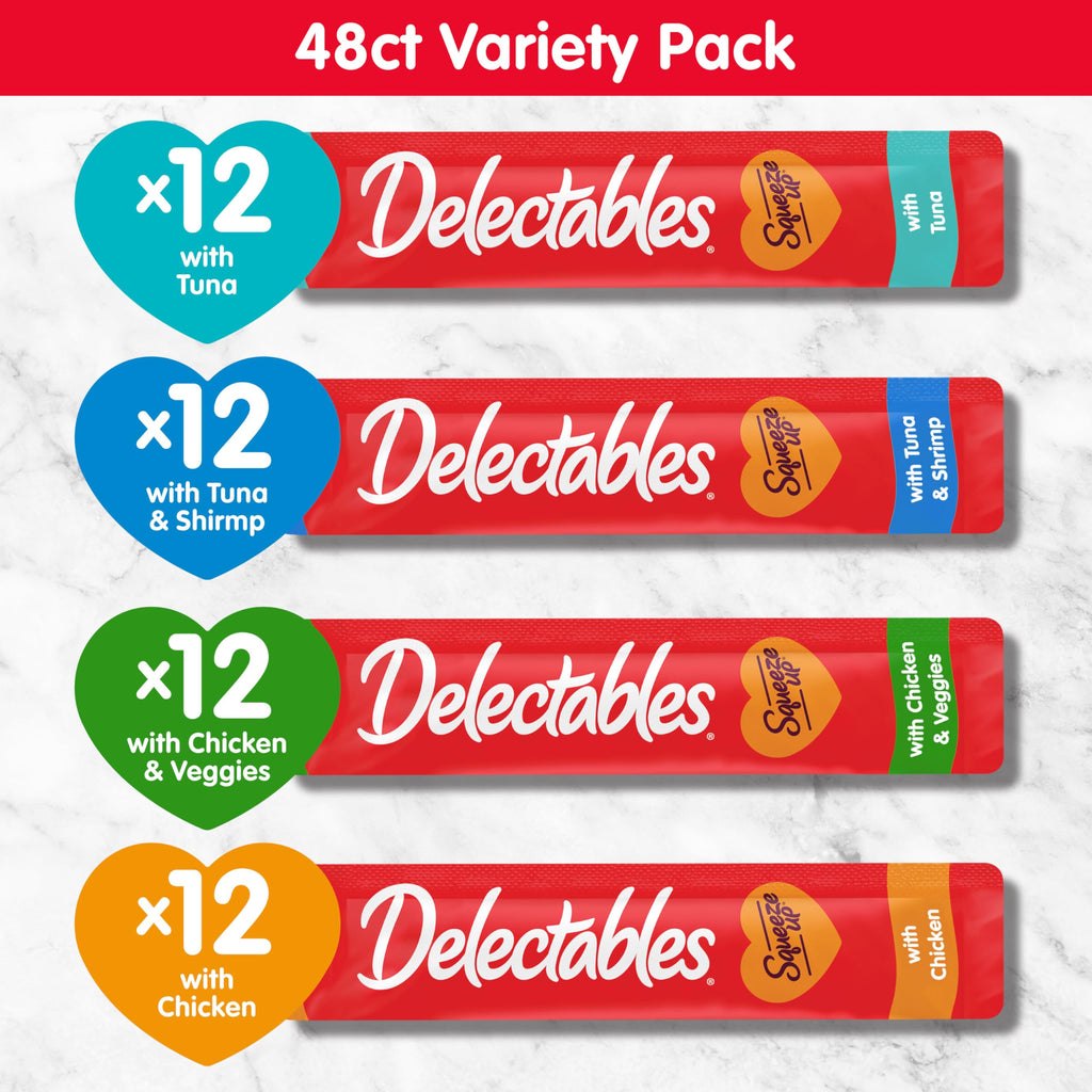 Delectables Squeeze Up Variety Pack, Creamy Squeezable Puree, Lickable Wet Cat Treats, Grain Free, No Added Fillers, No By-Products, No Added Preservatives, 0.5 Ounces Tube, 48 Tubes Total