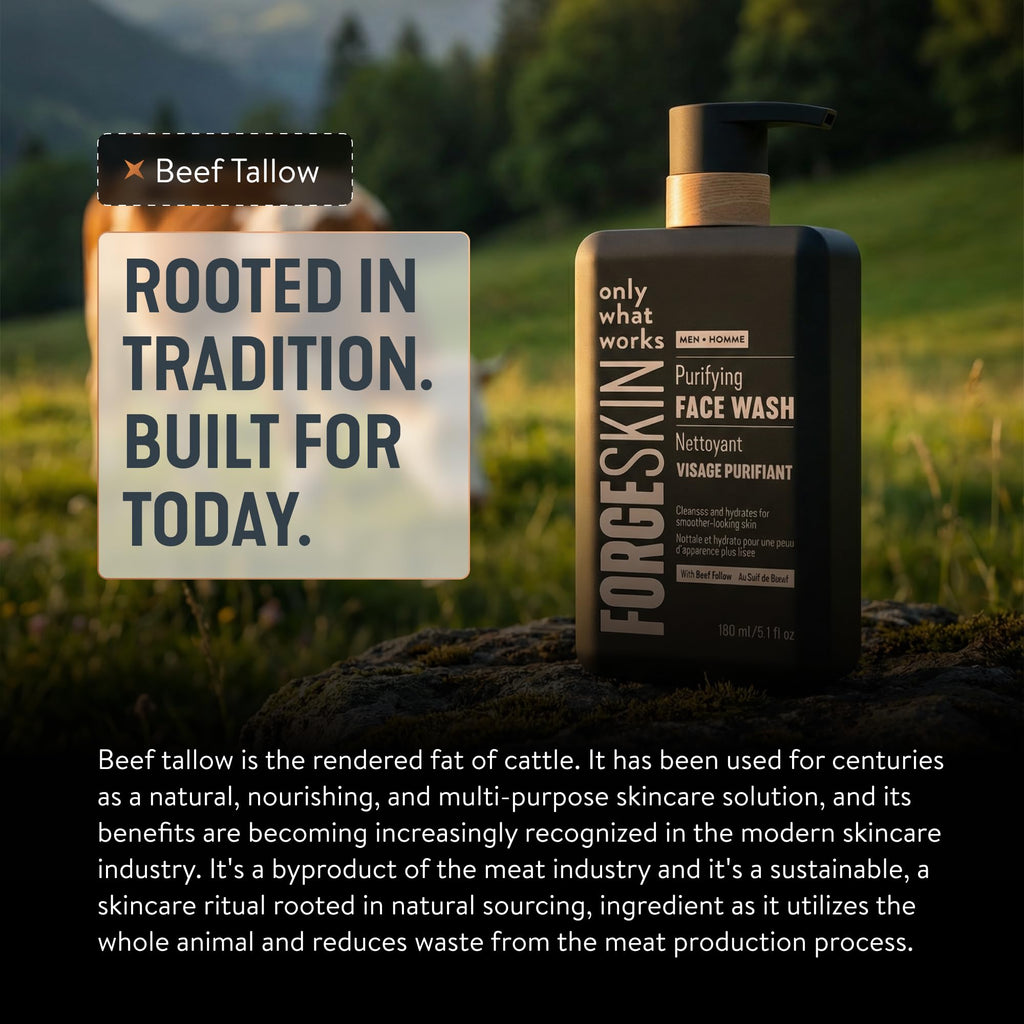 FORGE SKIN® Beef Tallow Face Wash for Men [TALLOW-BASED] - Morning Nourishing Hydrating Facial Cleanser - Gentle Cleansing Moisturizer for Hydration - Exfoliating Facial Skincare for Clean Skin (5 OZ)