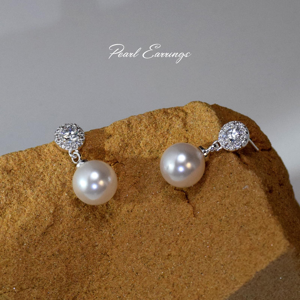 Elegant CZ Pearl Drop Earrings for Women Bridesmaid Wedding Prom (White)
