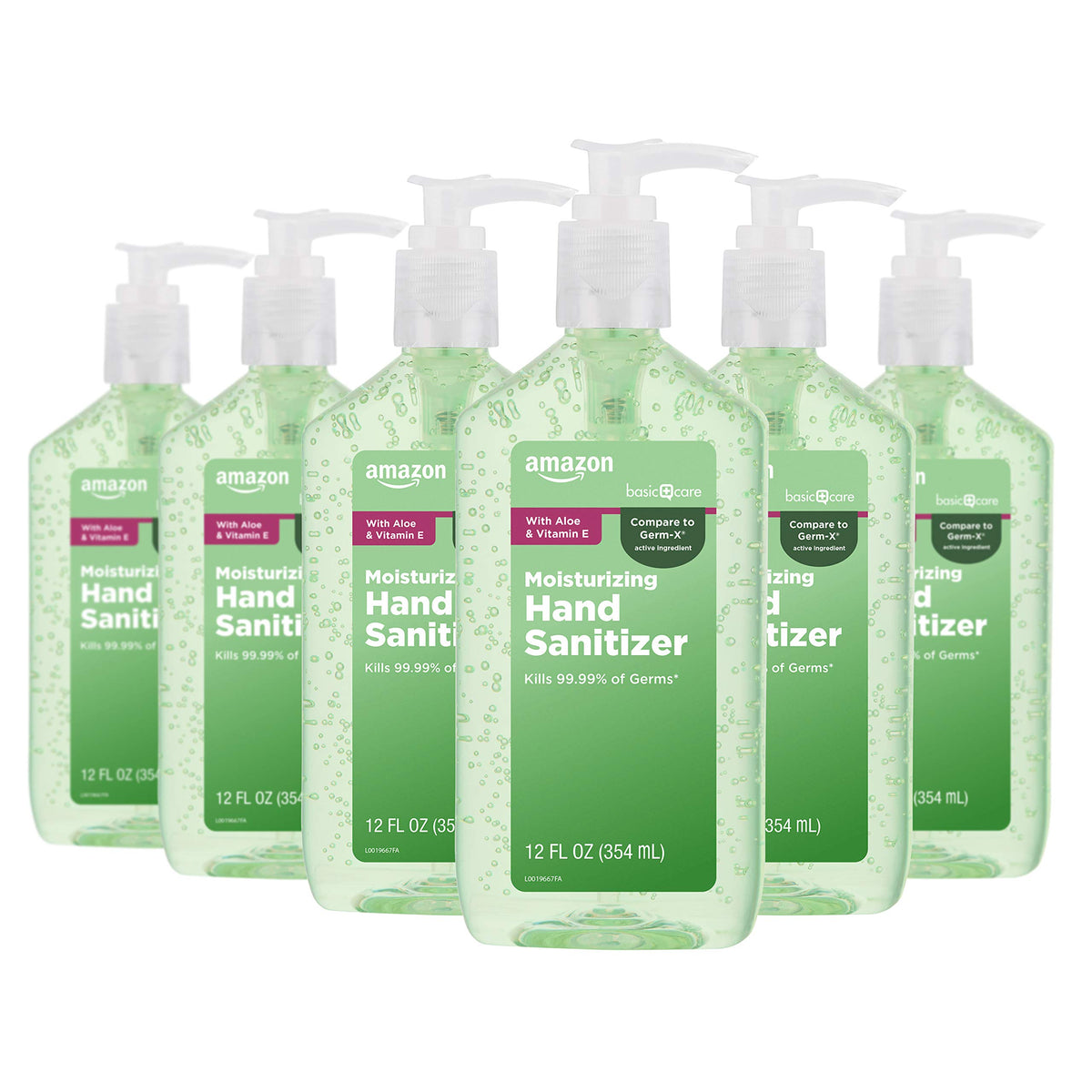 Amazon Basic Care Hand Sanitizer with Aloe Vera, 62% Ethyl Alcohol, Vitamin E Enriched, 12 fl oz, Pack of 6