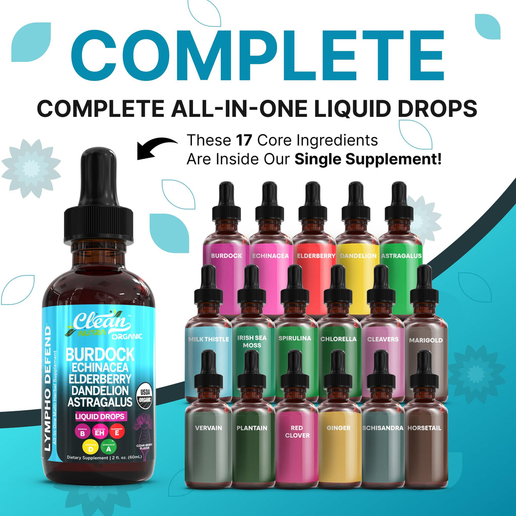 Organic Lymphatic Drainage Supplement | Lymphatic Support Drops | Burdock Root Echinacea Elderberry Dandelion Astragalus Milk Thistle Sea Moss Red Clover Cleanse Marigold Drop by Clean Nutra