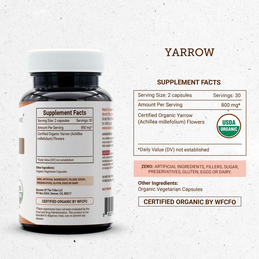 Secrets of the Tribe Yarrow USDA Organic 60 Capsules | Made with Vegetarian Capsules and Certified Organic Yarrow (Achillea millefolium) Dried Leaf and Flower (60 Capsules)