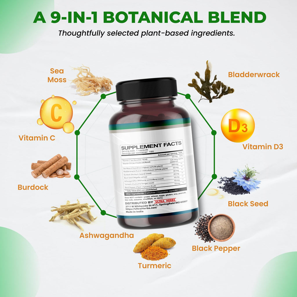 Ultra Herbs Sea Moss Capsules with Black Seed Oil, Ashwagandha, Vitamin D3 & C, 9-in-1 Immune & Overall Wellness Support*, 150 Capsules, Non-GMO, Gluten Free