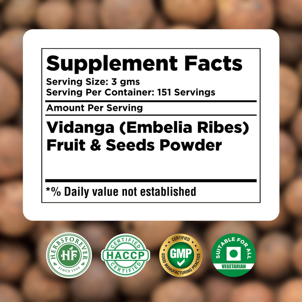 HerbsForever Vidanga(Embelia Ribes) Powder(Fruit & Seed)-Microbeal & Lymphatic Detox,Support Gut Health, Blood Purification- Wild & Nautral Ayurvedic Herb | Non GMO,2X Potency,Ultra Clean |16oz-1LBS
