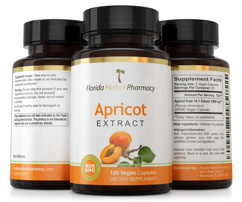 Florida Herbal Pharmacy Apricot Supplement Capsules 10:1 (120 Capsules) 500 mg per Capsule, 1000 mg Serving