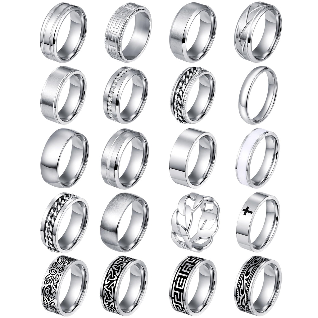 FIRAZIO 20PCS Silver Rings for Men Stainless Steel Rings 7-13
