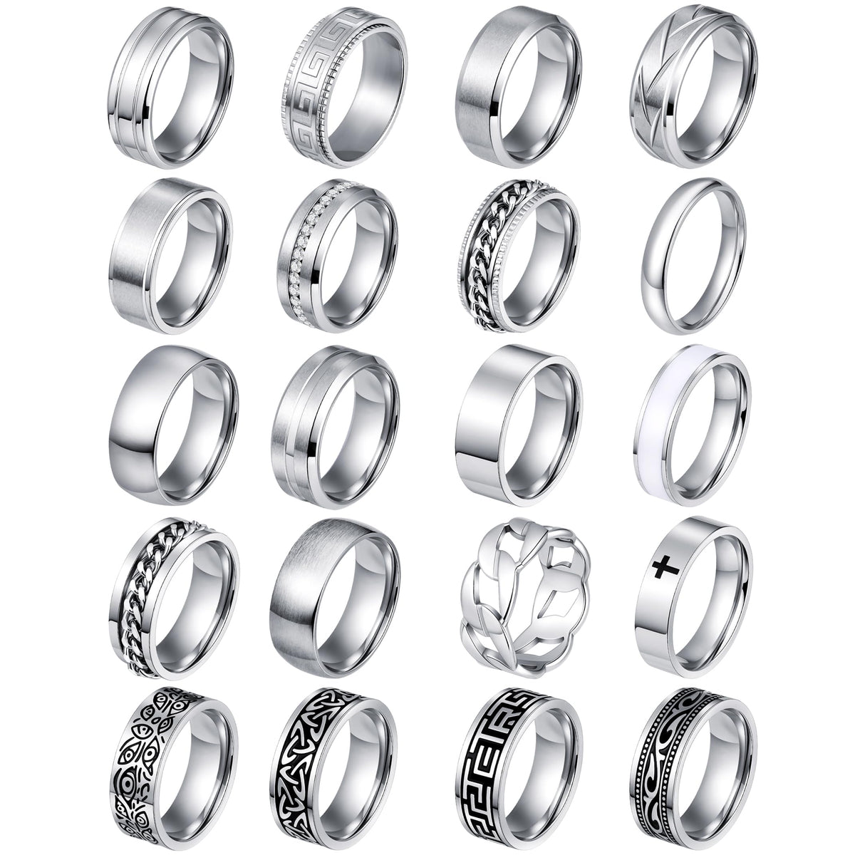 FIRAZIO 20PCS Silver Rings for Men Stainless Steel Rings 7-13