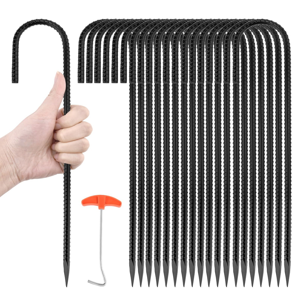 GESTONE 20 PCS Garden Ground Stakes 12" Rebar Stakes Heavy Duty J Shape