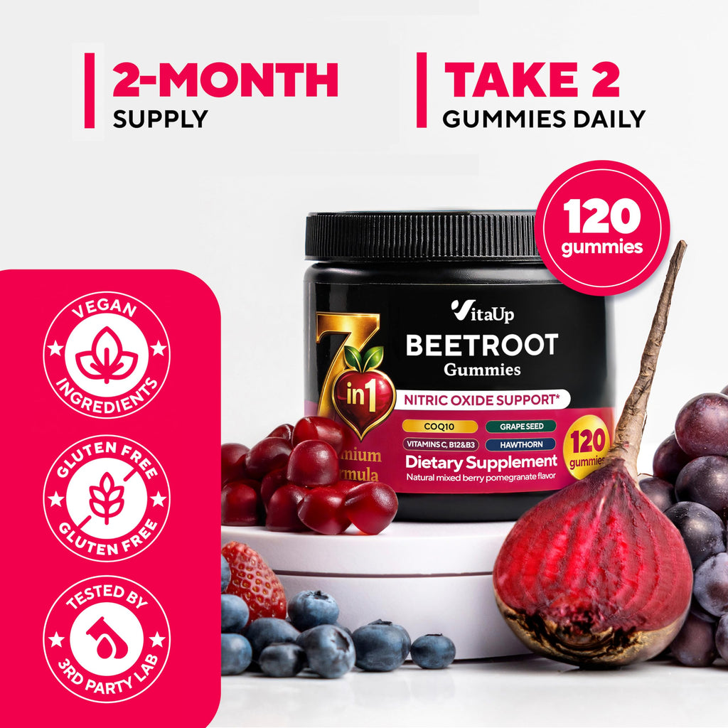 VitaUp Beet Root Gummies – Beetroot Gummies with CoQ10, Grape Seed, Vitamin C, B12 & B3 – Nitric Oxide Gummies for Circulation Support – Beet Supplement for Energy & Immune Support – 120 Beets Chews