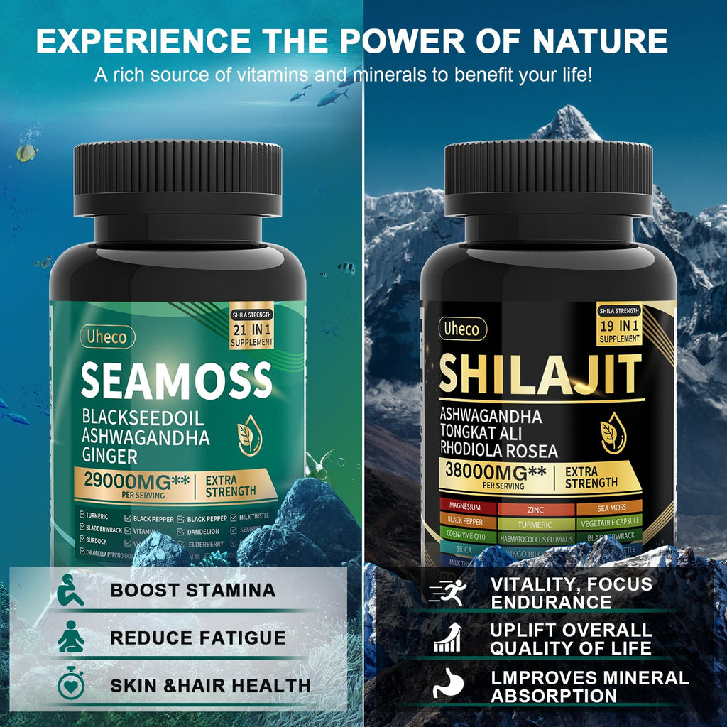 Shilajit and Sea Moss Vitality Bundle, Sea Moss 11000 mg, Shilajit 20000 mg, Black Seed, Ashwagandha, Turmeric, Bladderwrack, Burdock, Tongkat Ali, All in 1 Mineral Supplements