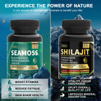 Shilajit and Sea Moss Vitality Bundle, Sea Moss 11000 mg, Shilajit 20000 mg, Black Seed, Ashwagandha, Turmeric, Bladderwrack, Burdock, Tongkat Ali, All in 1 Mineral Supplements