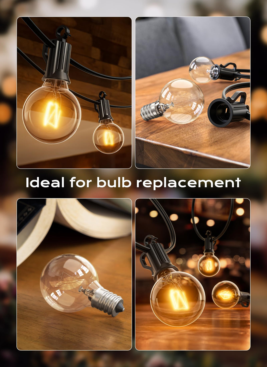 Brightown G40 Clear Light Bulbs Outdoor Light Bulbs Globe E12 Candelabra Screw Base, Incandescent Round Warm Replacement Glass Bulbs for Patio String Lights, 5W 120V, Pack of 50