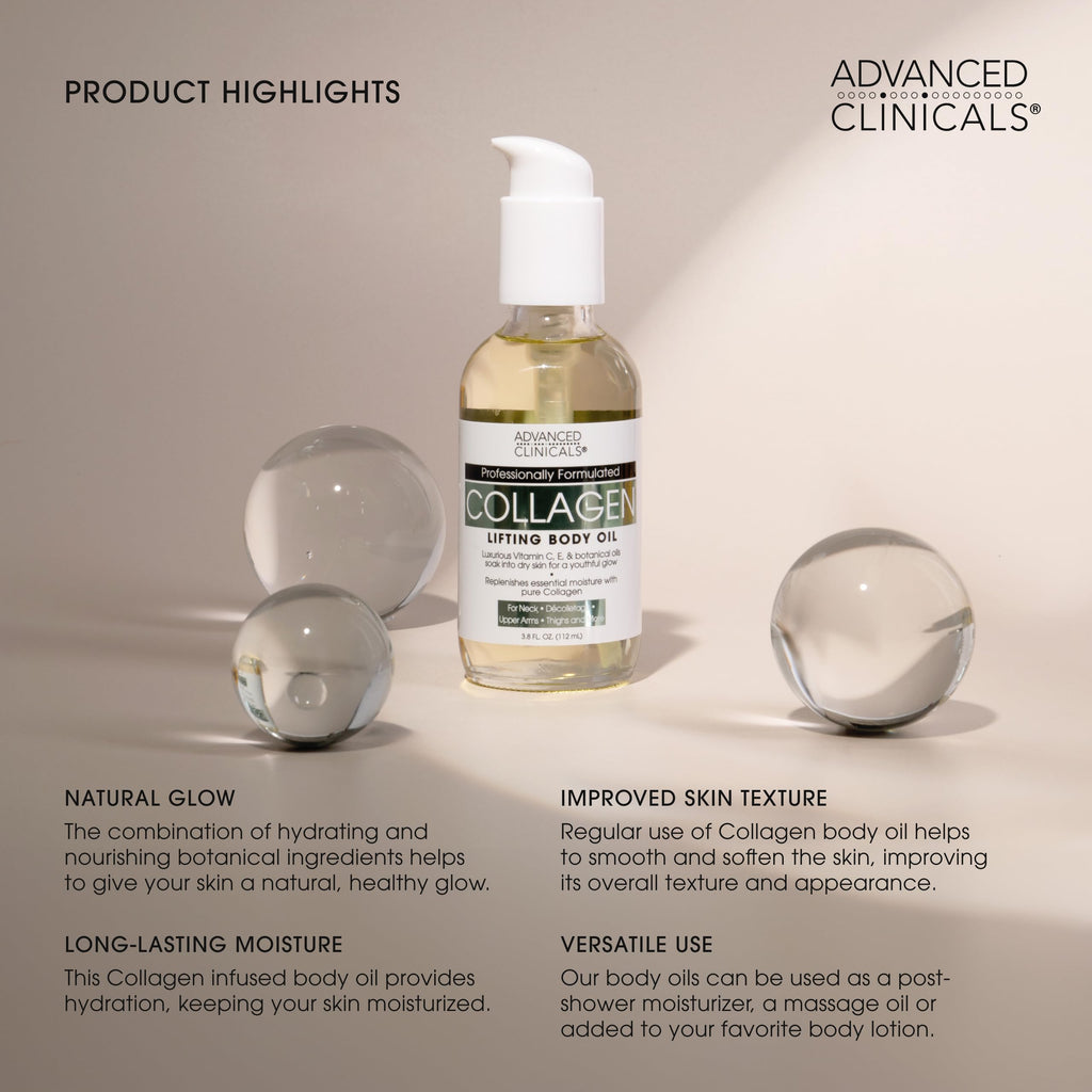 Advanced Clinicals Collagen Body Oil + Unscented Collagen Cream Body Lotion & Face Cream 2PC Beauty Skin Care Set For Women & Men For Improving Appearance Of Crepey Skin, Dry Skin, & Wrinkles, 2pc