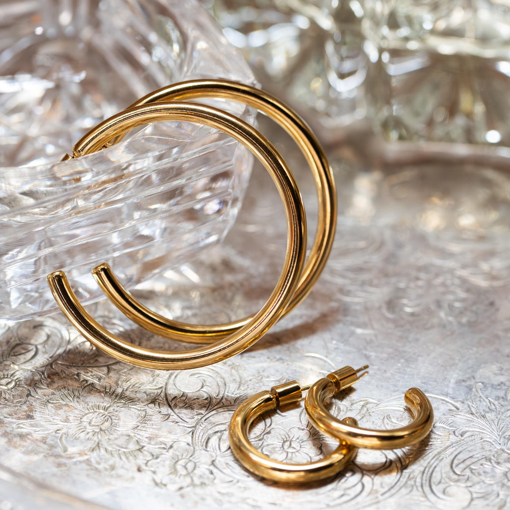 BESTOW Designer Gold and Silver Hoop Earrings for Women: 18K Gold Plated, Hypoallergenic, Waterproof, Non-Tarnish in 3 Sizes: 1 in, 2 in, 2.75 in [Gold, 2 in]