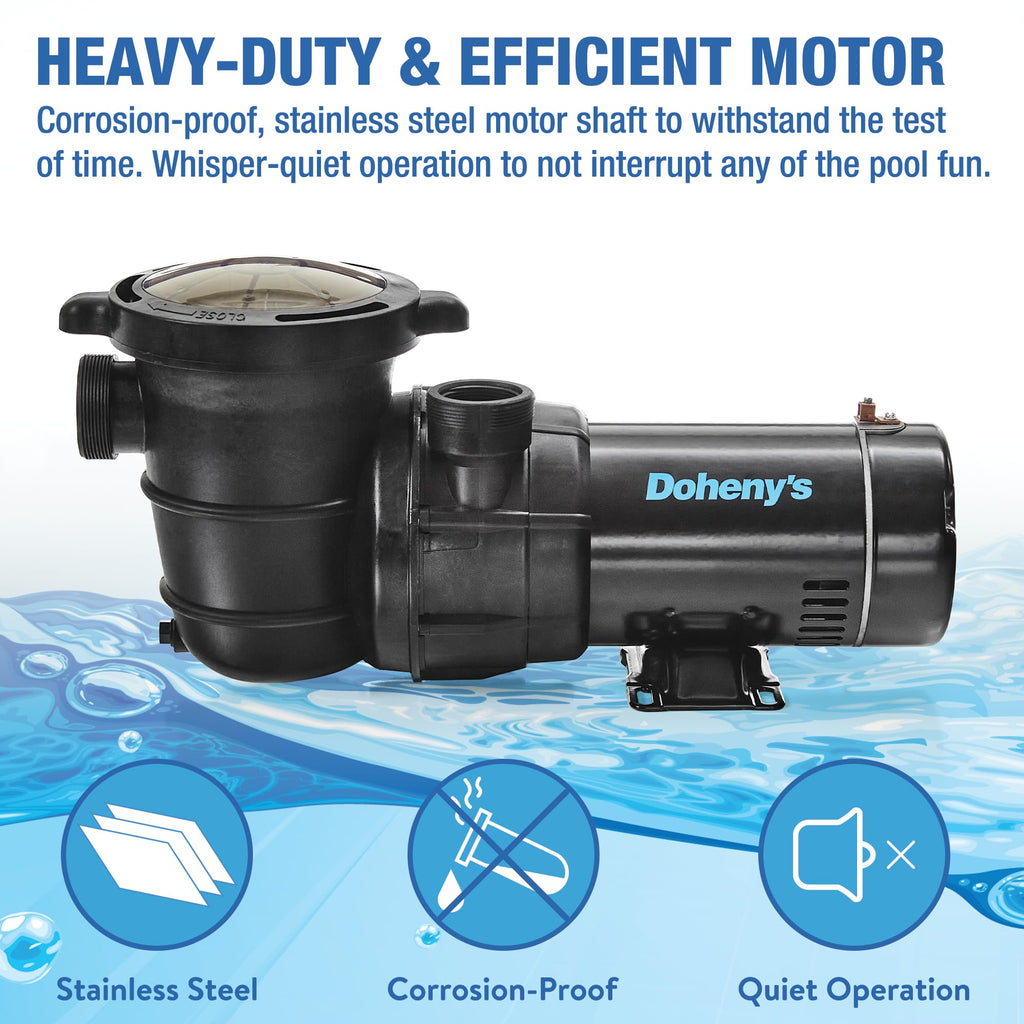 Doheny's 1 HP Above Ground Swimming Pool Pump | 115V, 75 GPM (0.9 THP) | Stainless Steel Shaft, Reinforced Thermoplastic, Low-Noise, High-Efficiency | 1.5" Internal & 2.5" External Threading